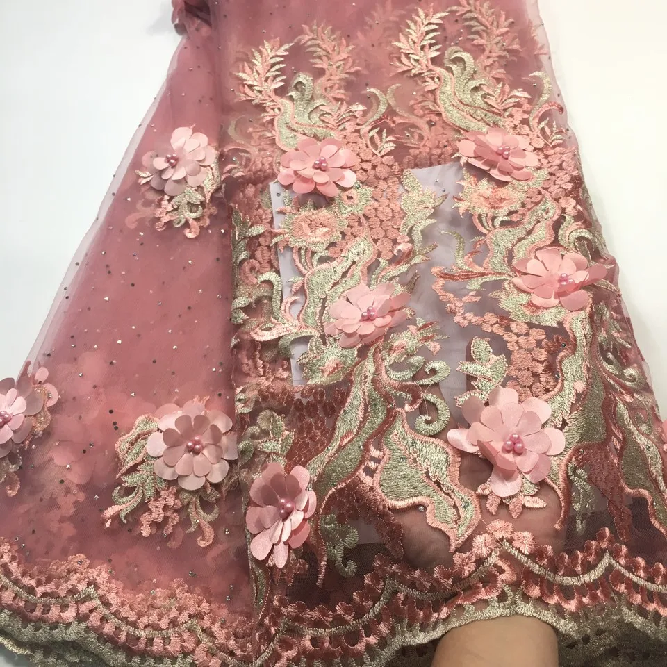 

3D Lace Fabric 2019 High Quality African French Swiss Lace Fabric With 3D Flower,Stones&Beads For Nigerian Wedding Dress M2586