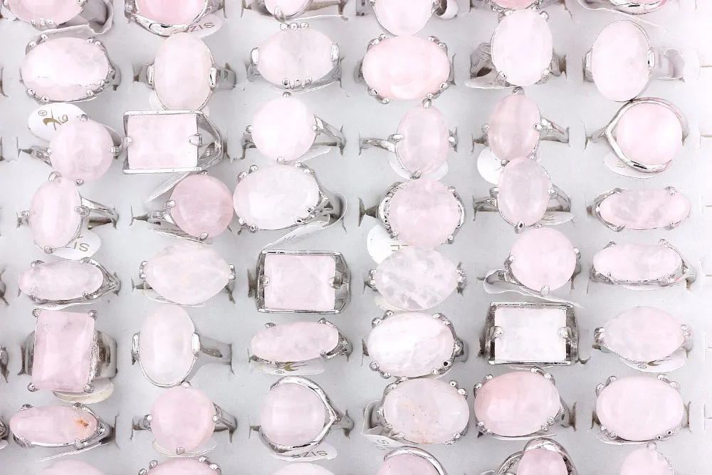 

Wholesale Bulk 10Pcs Mix Style Natural Pink Quartz stone Ring Band Zinc Alloy Ring Wedding Engagement Xmas Gift Fashion
