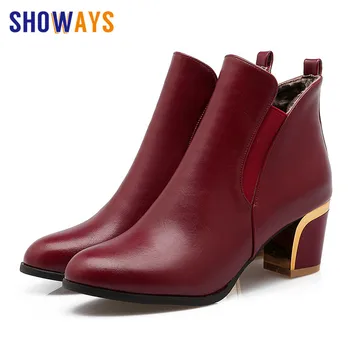 

British Women Chelsea Boots Red PU Leather Round Toe Ankle Boot 6cm High Chunky Square Heel Retro Casual Lady Short Plush Boots