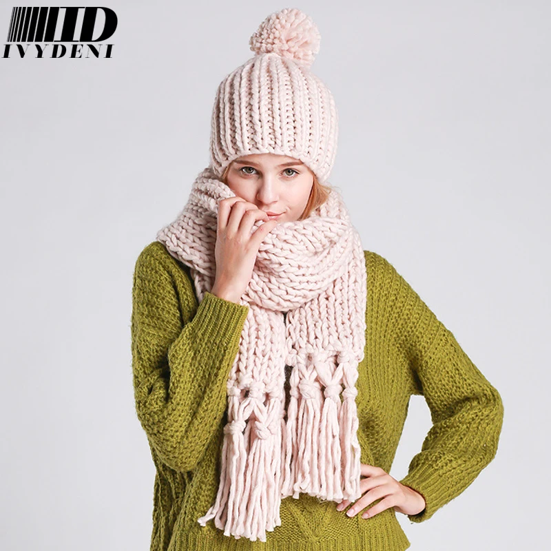 Новая Классическая однотонная женская зимняя теплая вязаная шапка и шарф комплект для женщин большой размер Толстая шапка с помпоном