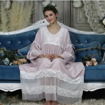 

2019 autumn new loose women palacess v-neck cotton sleep dress lace patchwork princess half sleeve nightgowns gx1094