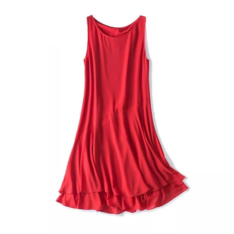 

2023 Women New Summer Fashion Sleeveless Tank Chiffon Dress Solid Knee-Length Dress Office Ladies Dress Vestidos