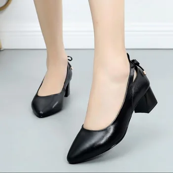 

2019 New Autumn Genuine Leather Women OL black commuter hotel work shoes Mid Heels Shoes Pointed Loafer female shoes
