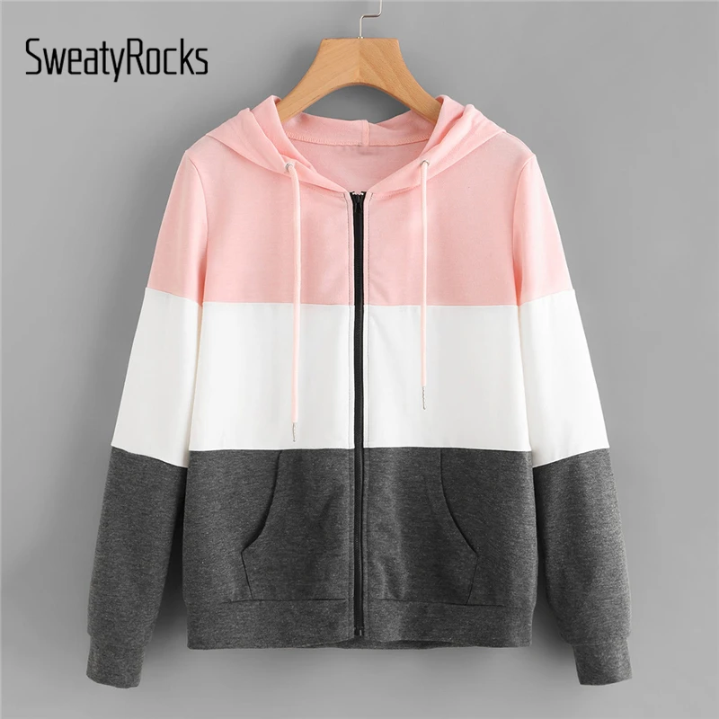 

SweatyRocks Cut And Sew Hoodie Jacket Multicolor Colorblock Drawstring Hooded Zipper Coat Women Autumn Athleisure Preppy Jacket