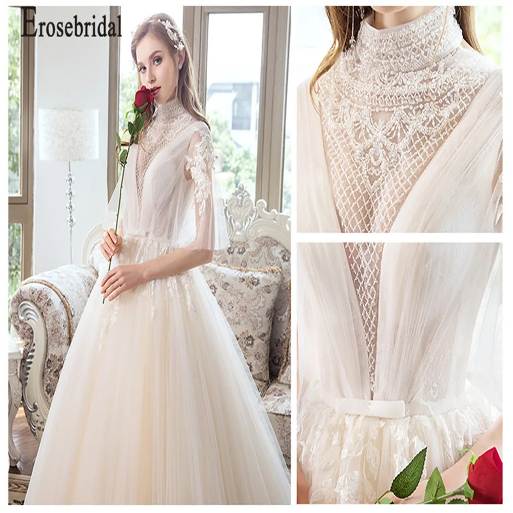 Eeosebridal Новое поступление Тюль свадебное платье Иллюзия Свадебные платья Высокий воротник Vestidos De Novia кружево халат атласный Mariage