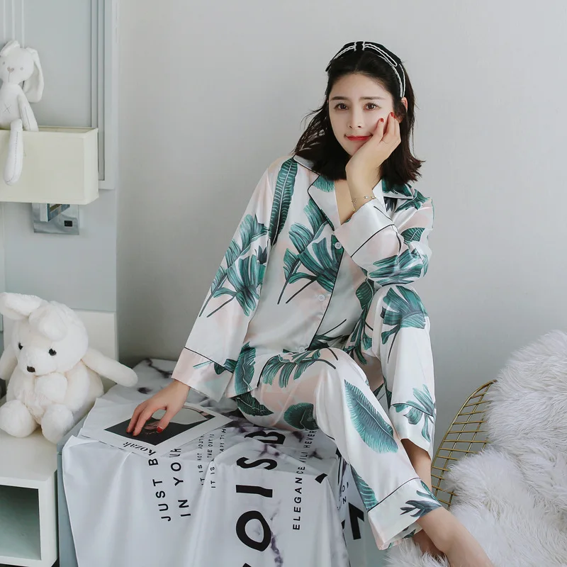 9 Узор Цветок кактуса простой сатин пижамы для женщин брюки с длинным рукавом Дамские пижамные комплекты принт пижамы для женщин домашняя одежда шелковистая 972