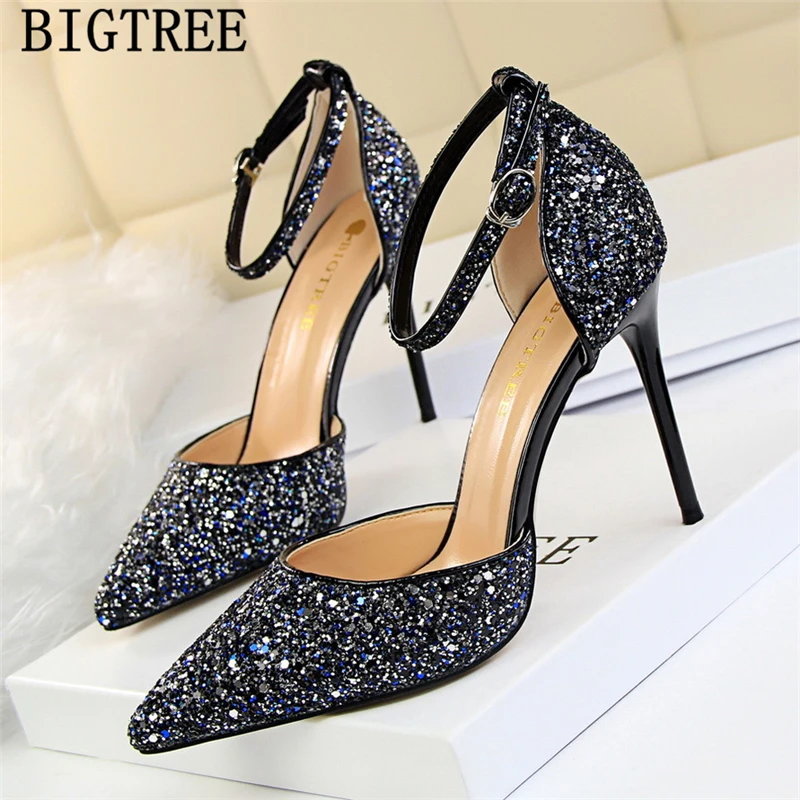 new arrival 2019 mary Jane shoes glitter heels bigtree shoes women pumps stiletto wedding shoes bride red heels tacones mujer