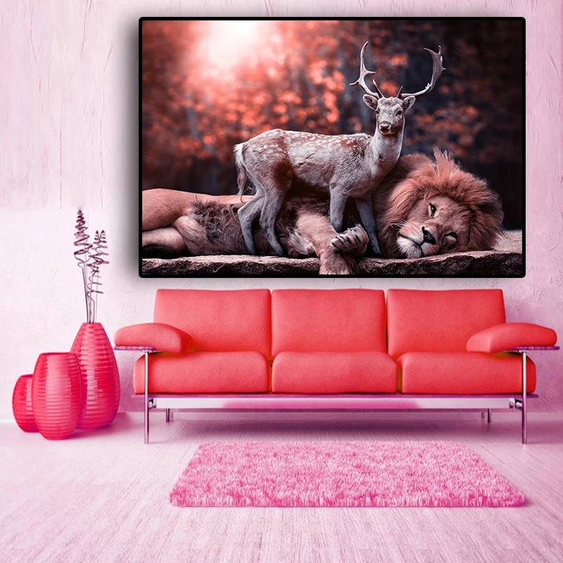 

Forest Deer and Lion Animal Landscape Canvas Painting Cuadros Posters and Prints Scandinavian Wall Art Picture for Living Room