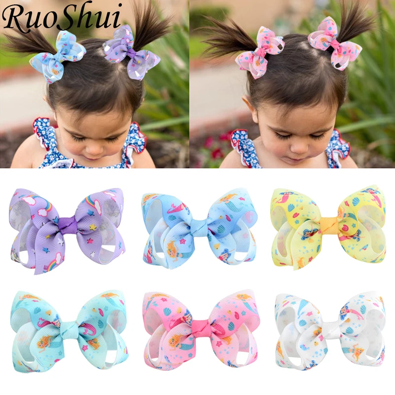 

Hot Sale 3 Inch Hair Clips for Girls Rainbow Mermaid Printed Hair Bows Princess Decoration Hairpins Handmade Hair Accessories