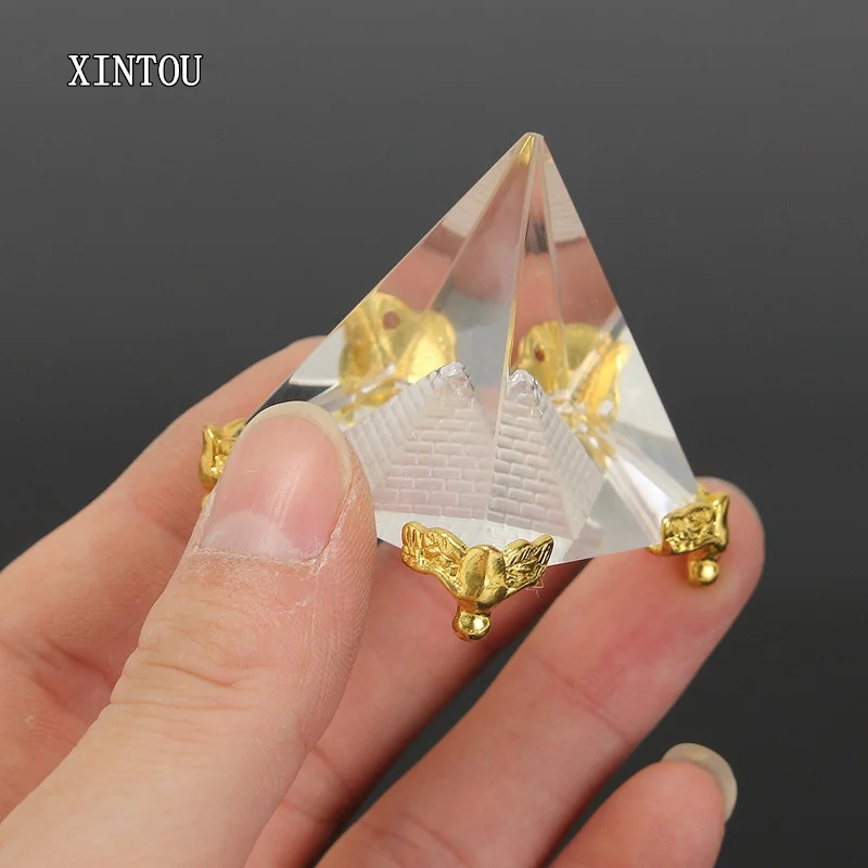 

XINTOU Crystal Pyramid Prism with Gold Stand 3D Egypt Building Model Paperweight Feng Shui Energy Healing Figurines Ornaments