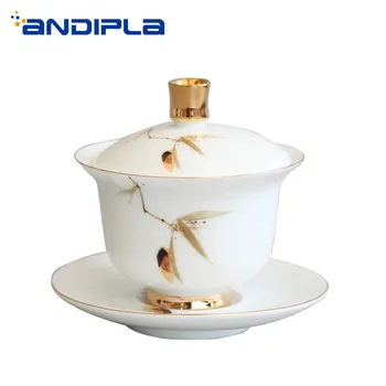 

130ml Jingdezhen Handwork Gaiwan Ceramic Porcelain Gold White Tea Bowl with Lid Saucer Kit Tea Tureen Teapot Teaware Drinkware