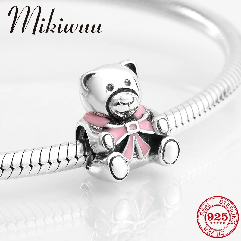 

Fashion pink Bow tie lovely bear 925 Sterling Silver fine Bead Fit Original Pandora Charm Bracelet Jewelry making 2018