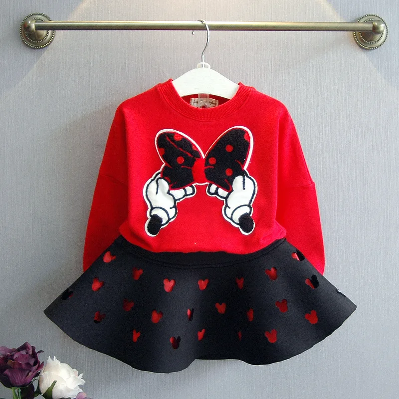 

2-6Yrs Kids Girls Cartoon Set spring Autumn Children T Shirt + Skirt Dot Bow Point Suit Long-sleeved Suits