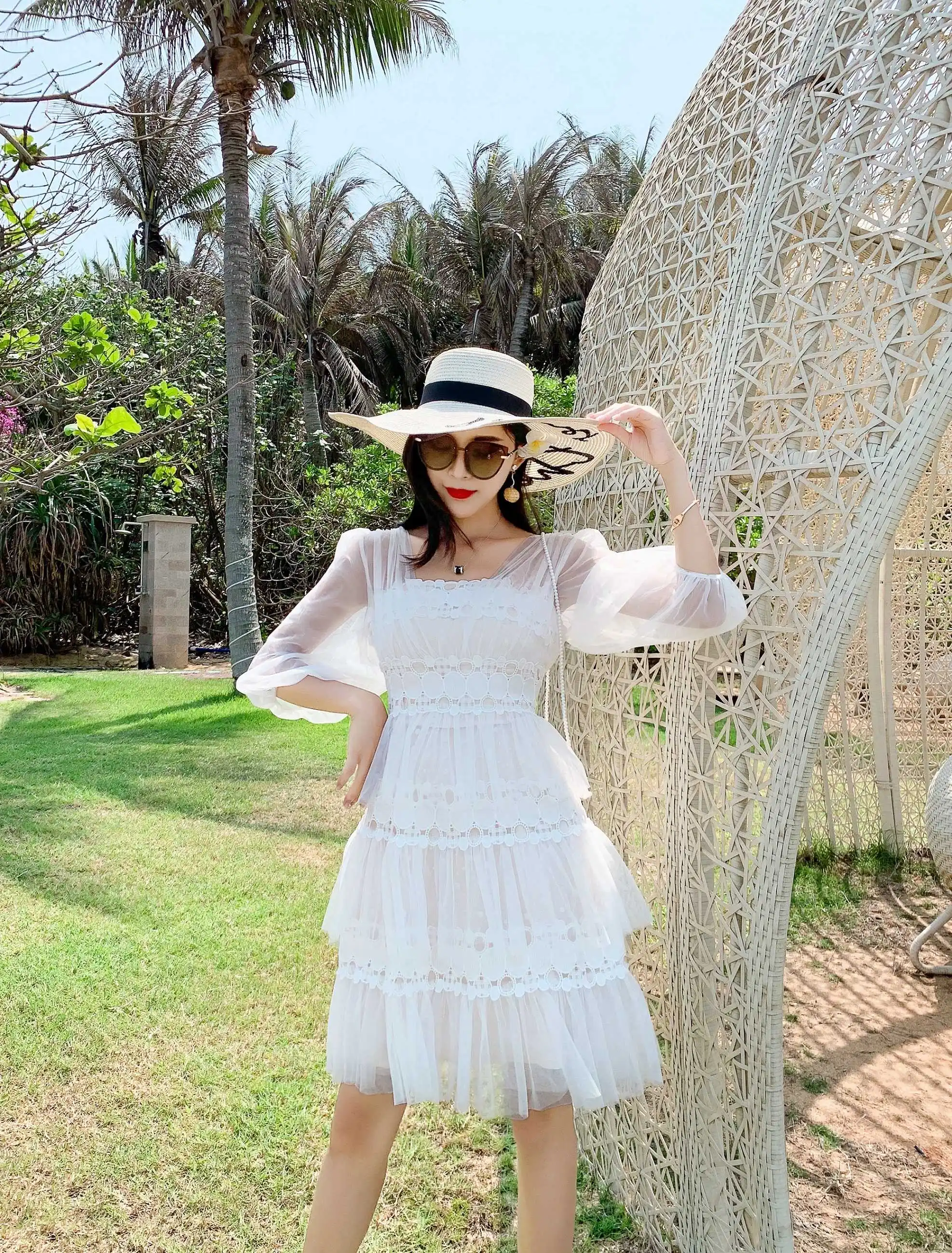 Новое поступление женское кружевное лоскутное белое летнее платье для вечеринки сексуальное с v-образным вырезом крючком жаккардовое Сетчатое пляжное платье Элегантное Vestidos