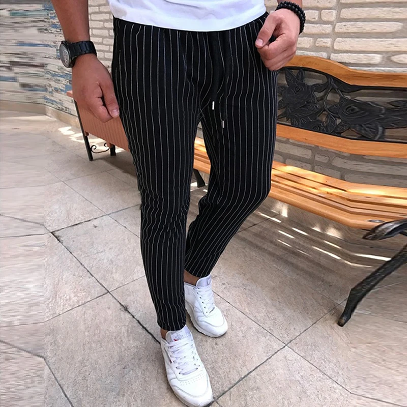 Hengsong 2020 повседневные брюки с завязками мужские полосатые узкие уличные модные