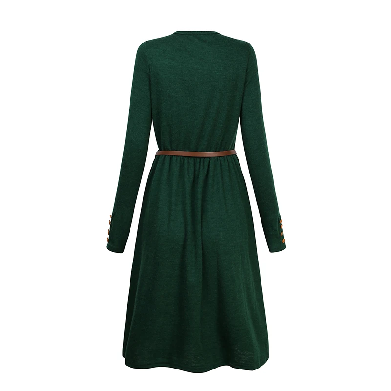 Black/Green 2017 Hot Sale Autumn Winter Dress Women's Long Sleeve Knitted Button Dress Ladies Casual Party Dress  With Belt