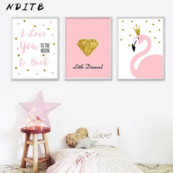 

NDITB Cartoon Flamingo Diamond Poster Nursery Wall Art Canvas Print Painting Nordic Decoration Wall Picture for Girls Bedroom