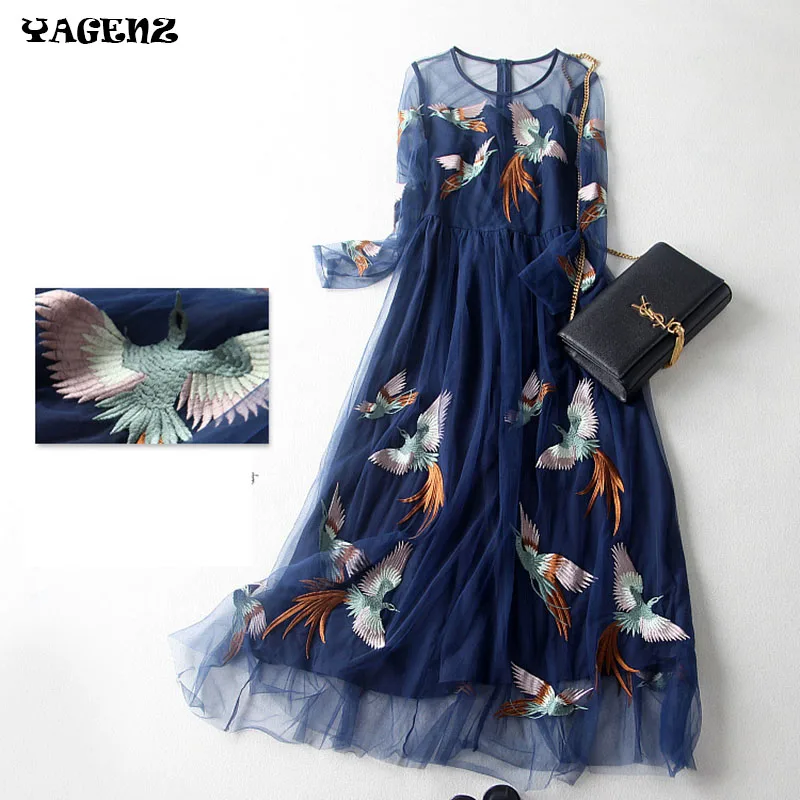 Высокое качество женское летнее платье свадебное с вышивкой Феникс Королевский синий платье с птицами кружевное платье женское модное платье Vestidos