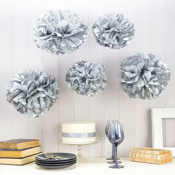 Wedding Decorations White Silver Tissue Paper Fan Decorations Hanging Pom Pom Balls Decor Star Garland Silver for White Party Living Room 