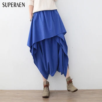 

SuperAen Irregular Asymmetry Cotton Women Wide Leg Pants Elastic Waist Wild Women Casual Pants Loose New 2018 Ankle-length Pants