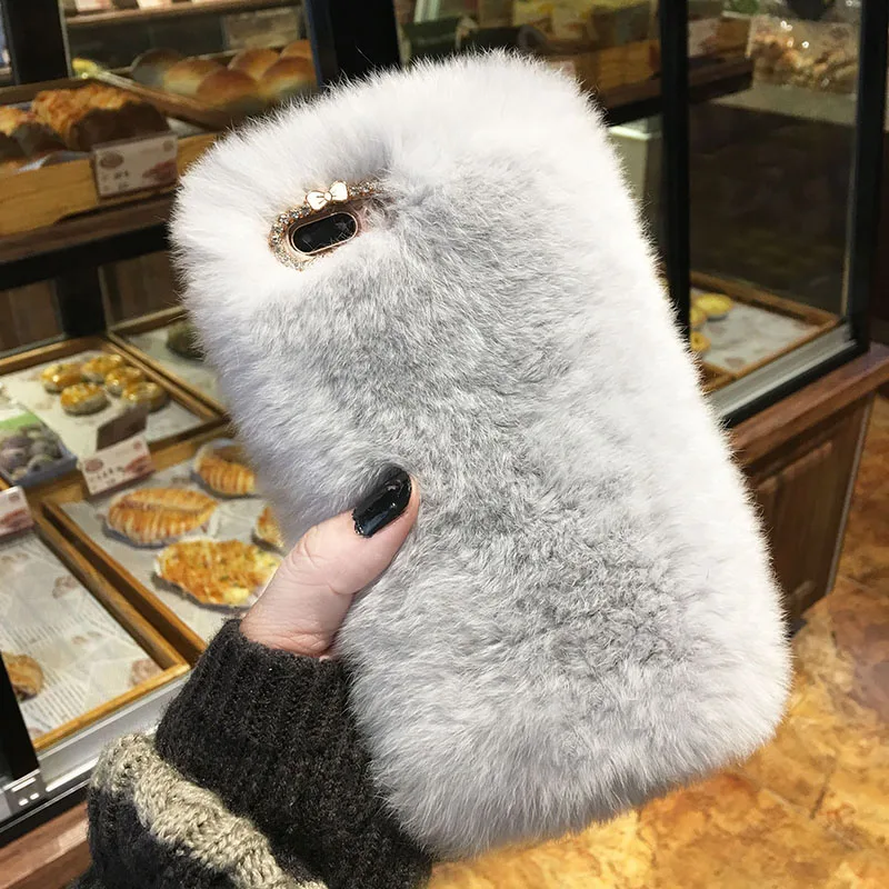 Luxury Rabbit Fur Case for iPhone XS Max Xr X 8 7 6 6S Plus SE 5S Cover Fashion Bling Diamond Winter Soft Furry Plush Phone Case puffer case