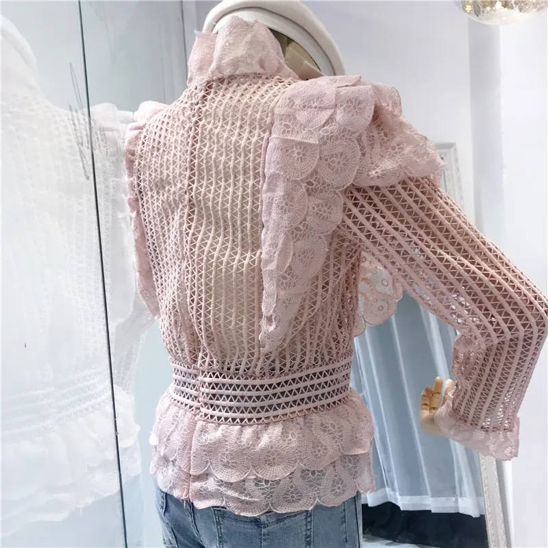 Женские Элегантные однотонные кружевные ажурные блузки Amolapha с оборками топы