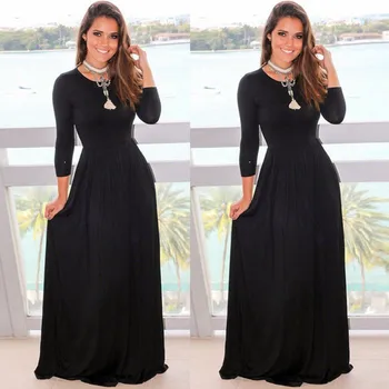 

2019 arrival Autumn Women Dress Long Sleeve O-Neck Black Floor-length Maxi Dresses