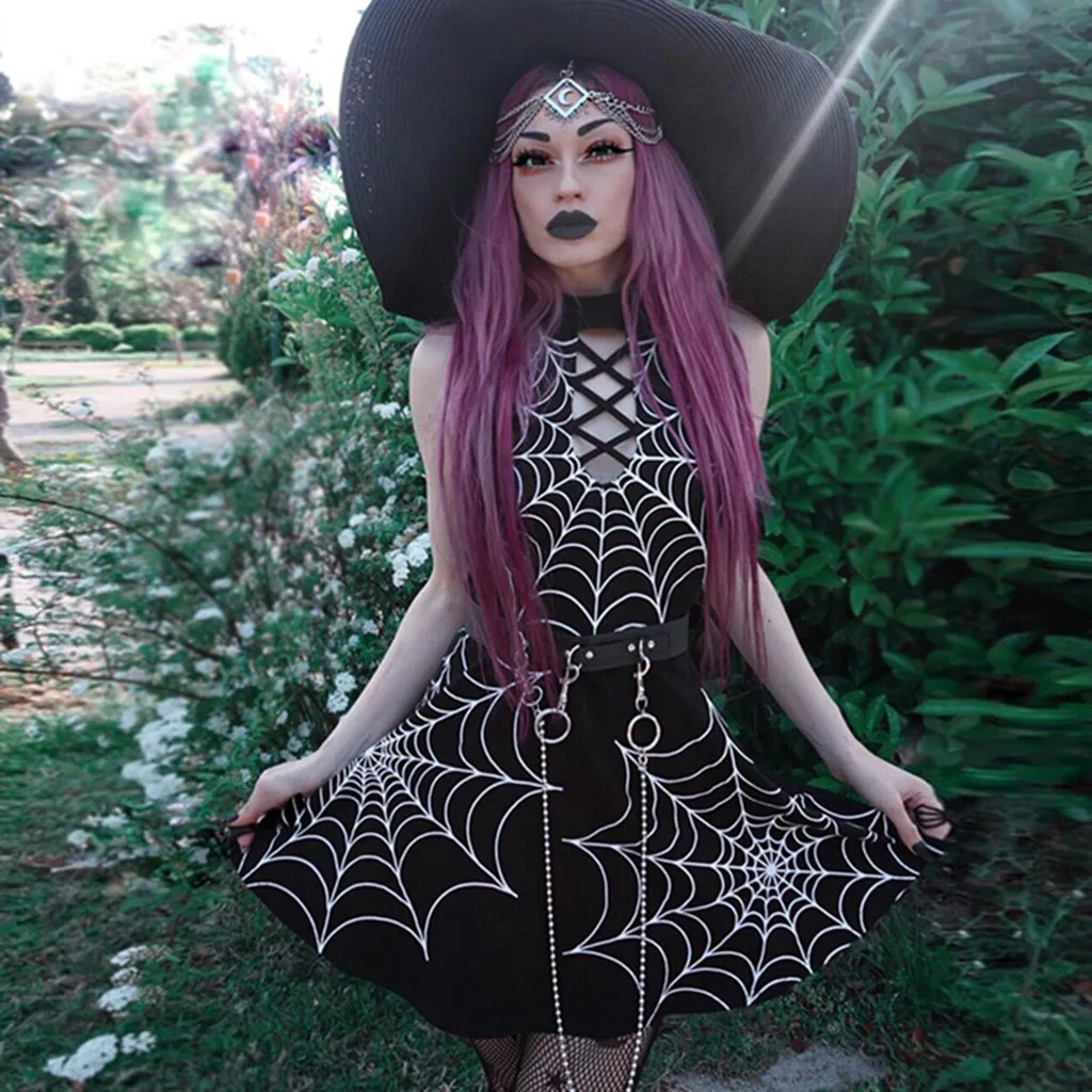 

Women Gothic Style Punk Black Dress Summer Retro Print Sleeveless Female Halter Backless Mini Dress Clothes zomerjurk dames 2019