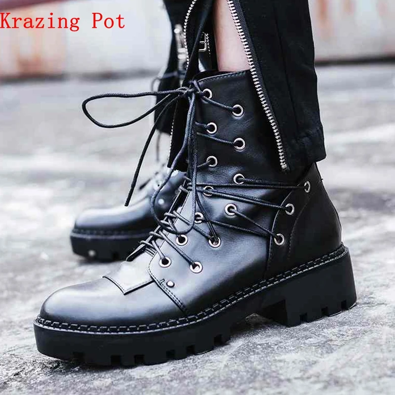

krazing pot 2019 genuine leather square heels women Limited customization platform brand shoes rivets motorcycle ankle boots L06