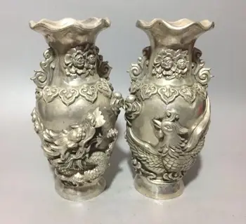 

Collectible archaize white copper dragon phoenix vase A pair