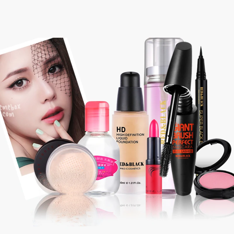 

Red&Black 8Pcs Makeup Set Concealer remover Liquid Foundation cream Black Charming Mascara Blusher lipstick powder makeup set
