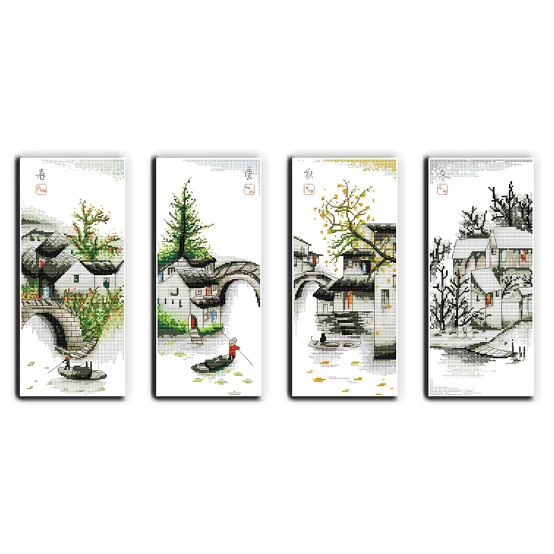 

Everlasting love Four seasons in water village Chinese cross stitch kits Ecological cotton stamped DIY New Christmas decorations