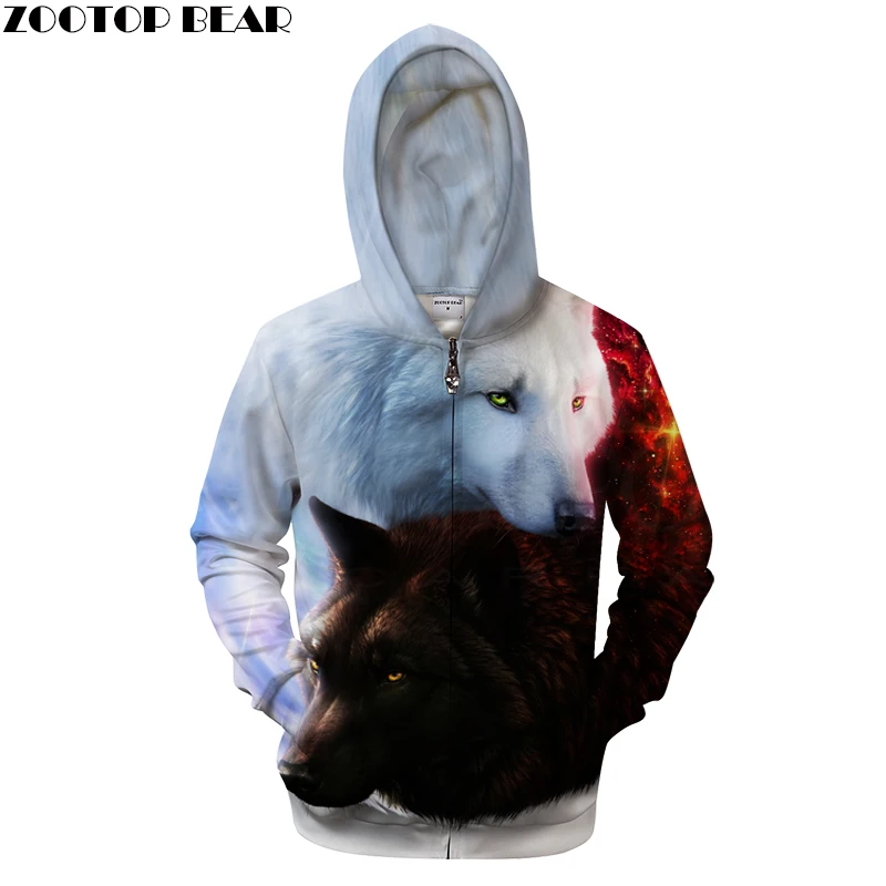 3D Unisex Zip UP Wolf Hoodies Brand Hooded Zipper Sweatshirts Men