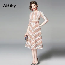 Women Dress Summer O-Collar Dress 2019 Temperament Office Lady Stripe Seven-split Sleeve Lace A-Line Knee-Length Dress Vestidos split bell sleeve a line dress
