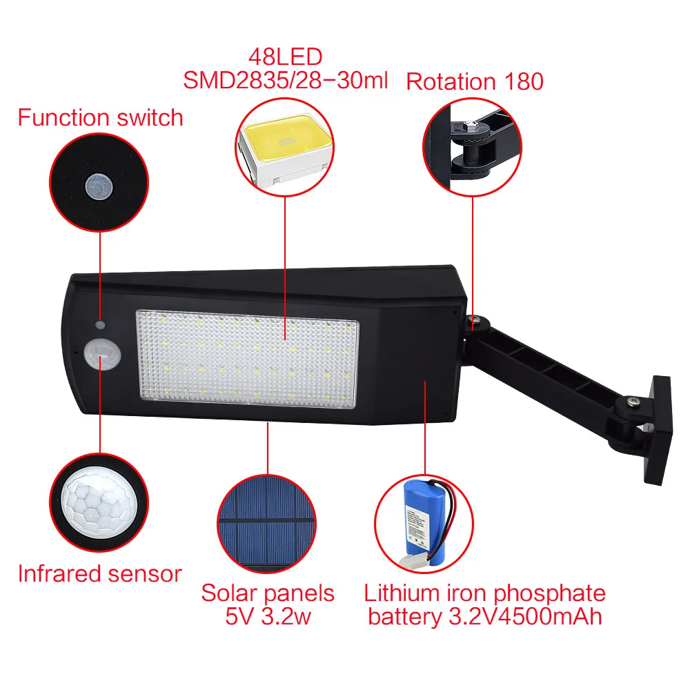 900lm 48Led Солнечный настенный светильник Открытый водонепроницаемый светильник ing для сада 4 режима с Rotable Pole Солнечная мощная лампа