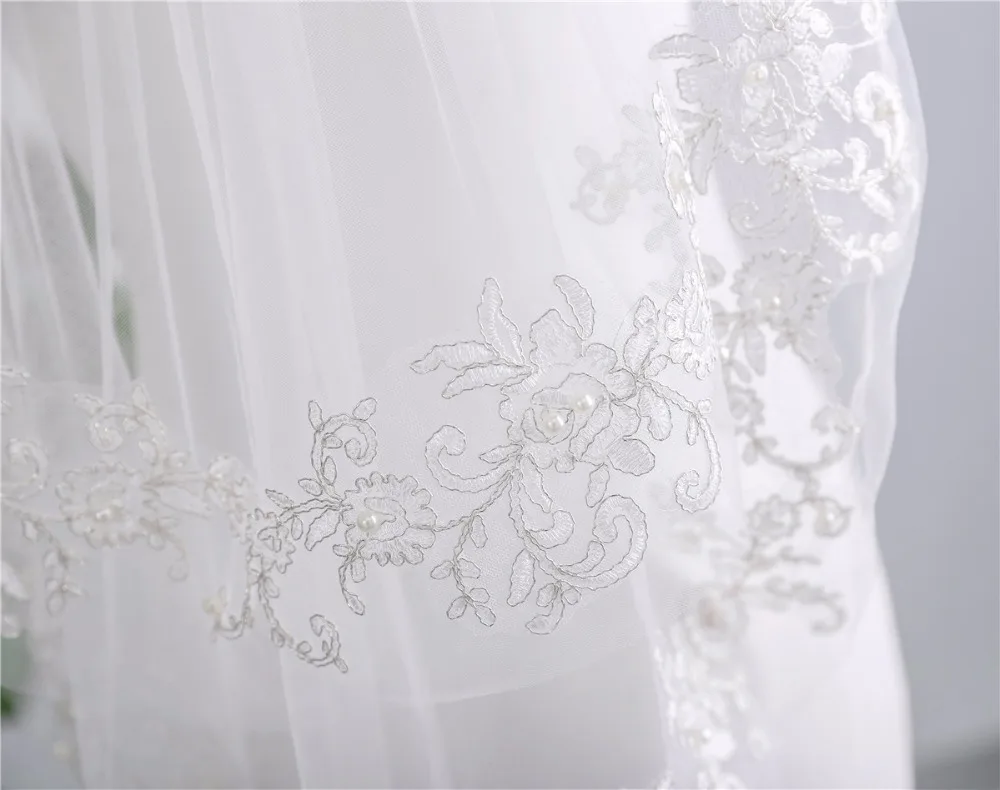 Свадебная фата с жемчугом Бисер кружево для свадебной вуали аппликации серебряной нитью 2 уровня для свадебная вуаль свадебные аксессуары