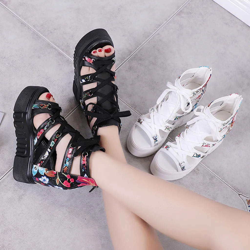 

Flowers Women's sandals fish mouth hollow Zapatos De Mujer wedges shoes for women high heels sandals women Lace-Up shoes woman