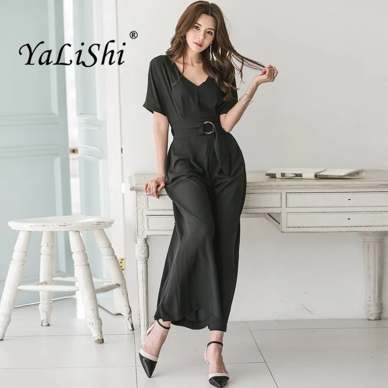 

Wide Leg Party Jumpsuit Black Short Sleeves V Neck Maxi Jumpsuits Summer Pants Bodysuits Solid Fashion Rompers Womens Jumpsuit
