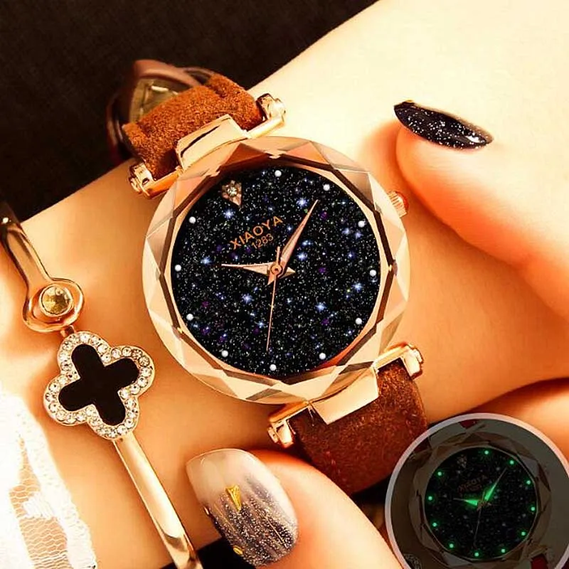 Блестящие женские часы звездного неба, модные дизайнерские часы с циферблатом, роскошные Светящиеся женские кварцевые наручные часы с браслетом, новинка, лучший подарок для девушек - Цвет: BR