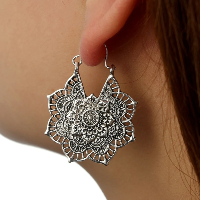 

SHUANGR Vintage Drop Earrings for Women Girl Gold Silver Color Circle Floral Dangle Earring Statement Jewelry