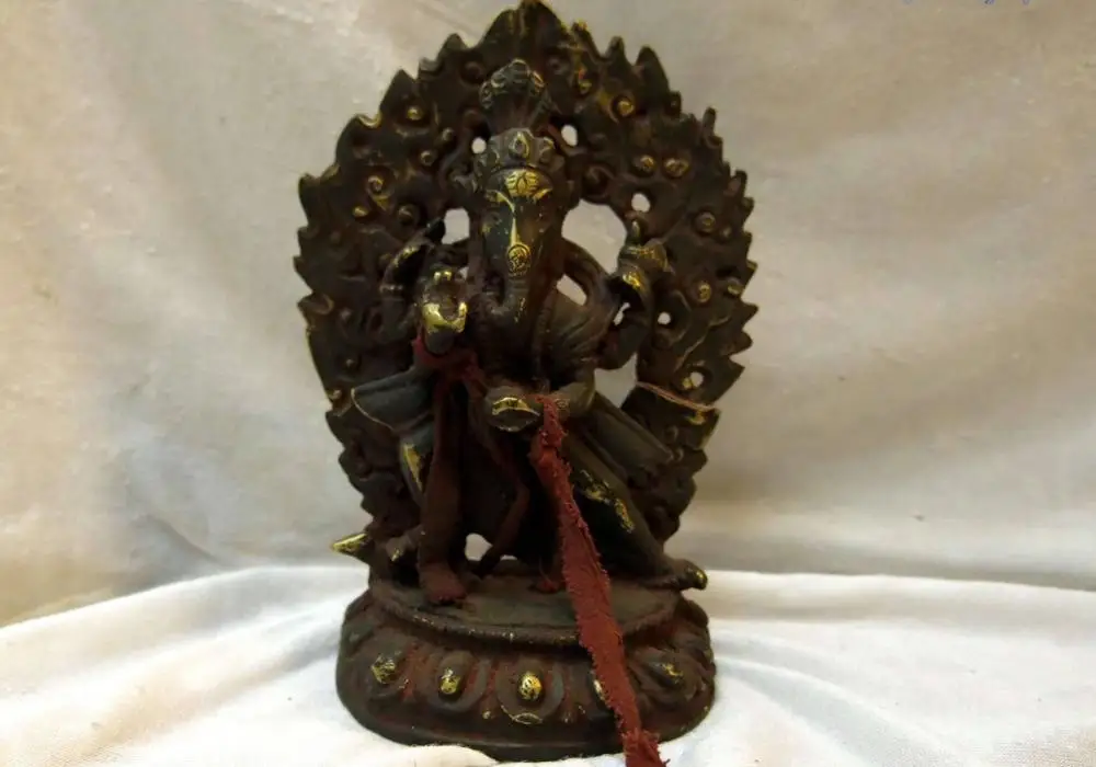 

7" Tibet old iron Buddhism four arm elephant trunk buddha Sculpture Statue