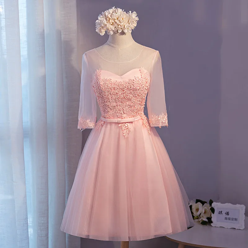 Robe de soiree прозрачное кружевное длинное вечернее платье трапециевидной формы с глубоким вырезом и коротким рукавом, платье для выпускного вечера - Цвет: pink short
