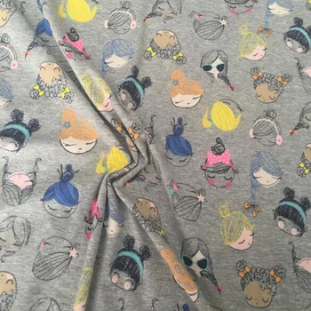 

Good Grey Cotton/Lycra knit Fabric Stretch Gray Doll Head Printed Fabric Sewing Patchwork DIY Sewing child T-shirt Clothing