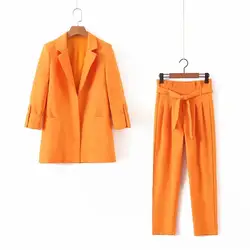 Женский костюм, новинка, модная Оранжевая Куртка с длинными рукавами и штаны, комплект из двух предметов, Женский деловой повседневный