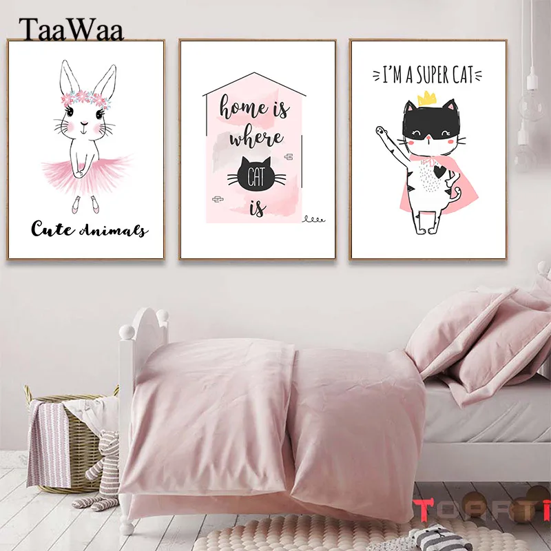 

TAAWAA Baby Room Prints Cartoon Pink Rabbit Cat Canvas Art Poster Animal Nursery Painting Wall Picture for Living Room Decor