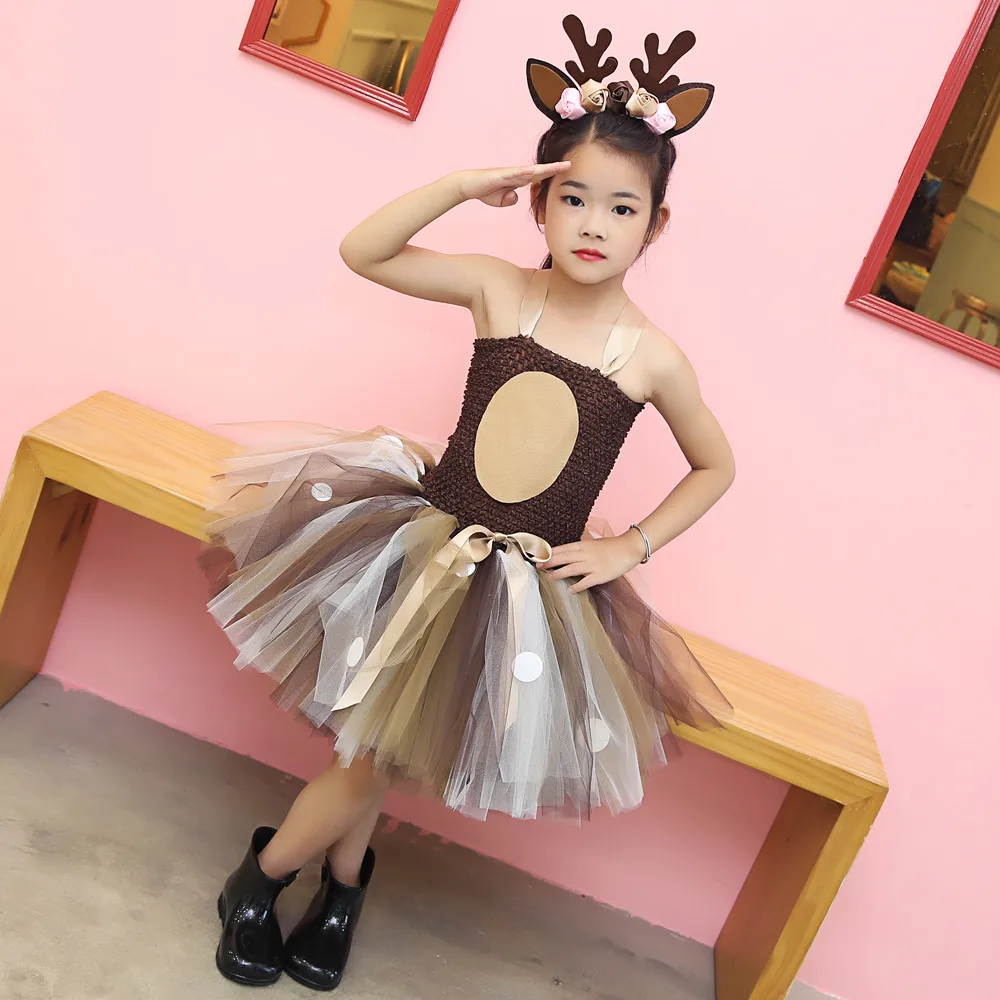 Одежда для маленьких девочек, коричневое платье-пачка с оленем, костюм на Хэллоуин для девочек, детское праздничное платье на день рождения, детское платье для костюмированной вечеринки, одежда