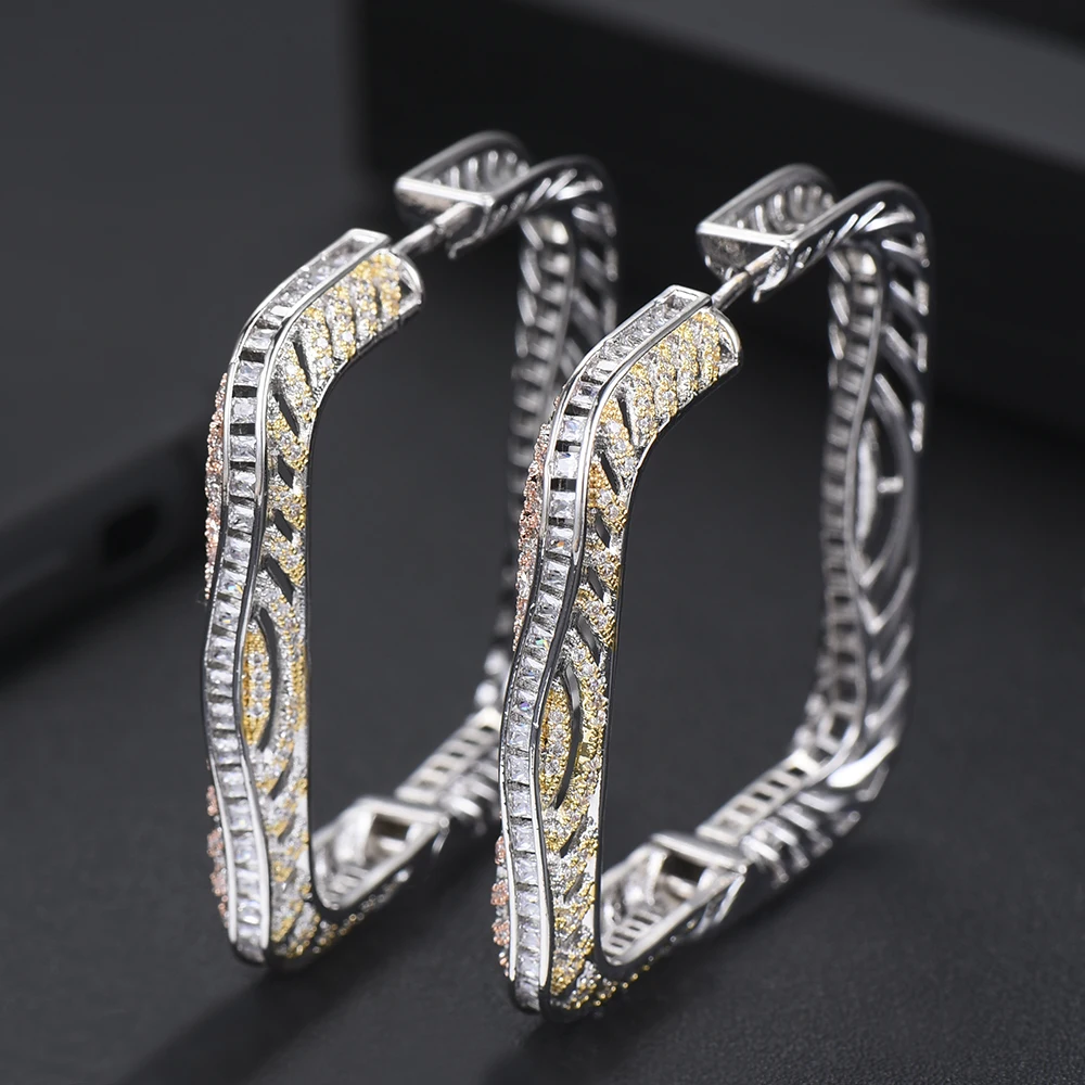 

New Trendy Pave Full AAA Cubic Zirconia Square Chic Design Fashion Hoop Earrings for Women Earring Accessories High Quality