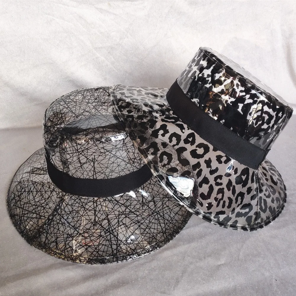 

Women's Casual PVC Plastic Bucket Hats Girls Solid Black Leopard Nest Print Large Brim Fisherman Sun Visor Cap Panama Hat