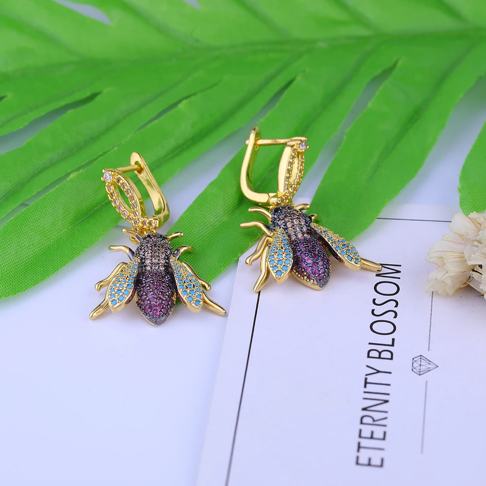 

JUWANG Insect Bee Drop Earrings For Women Insect Jewelry Gold Earrings&Necklace Pendientes Oorbellen Boucle D'oreille Femme 2019