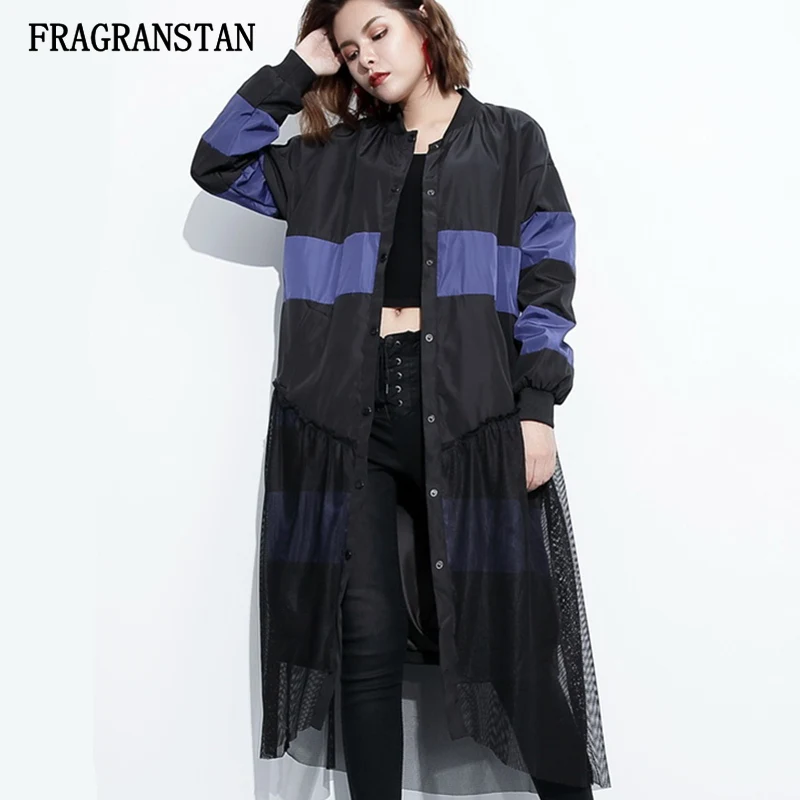 

Autumn Winter Fashion Lady Hit Color Mesh Lace Patchwork Trench Coat Female Single Breasted Personality Irregular Vestidos JQ147